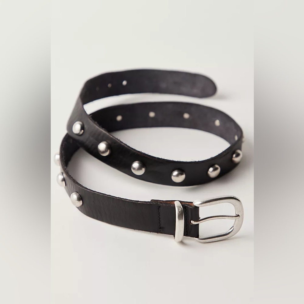Free People Black Studded Leather Skinny Belt with Silver Buckle